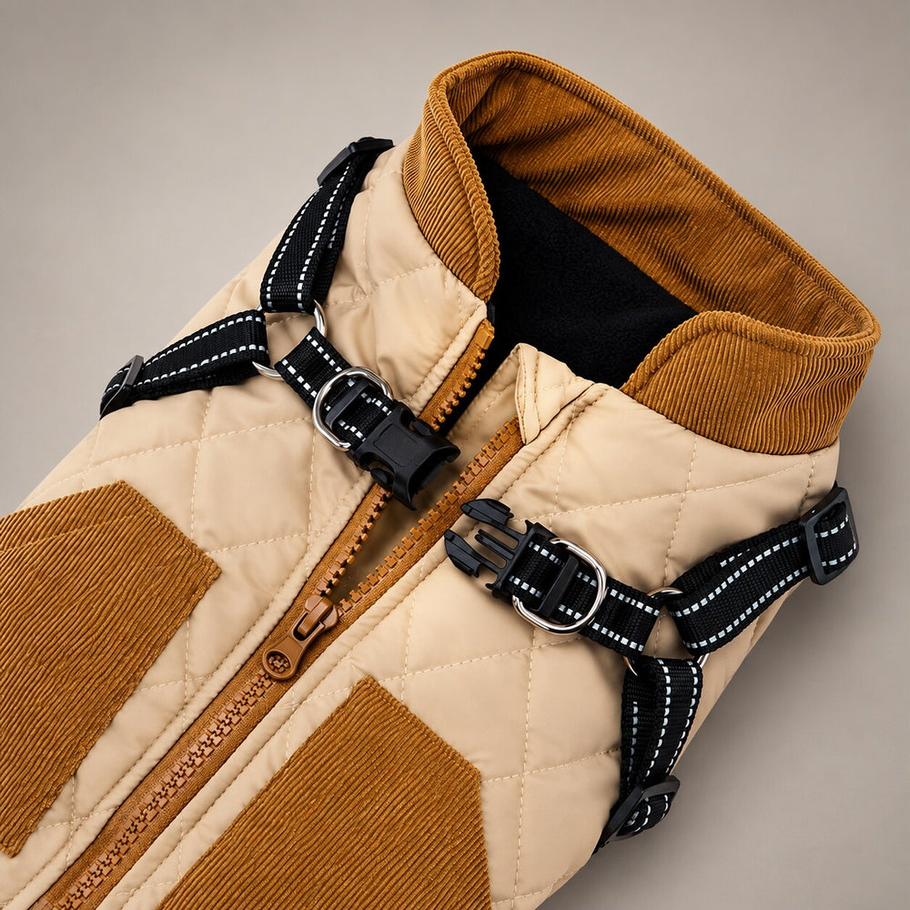 Close-up of the Beige quilted dog coat showing the zipper, corduroy collar, harness straps, buckles and leash rings.