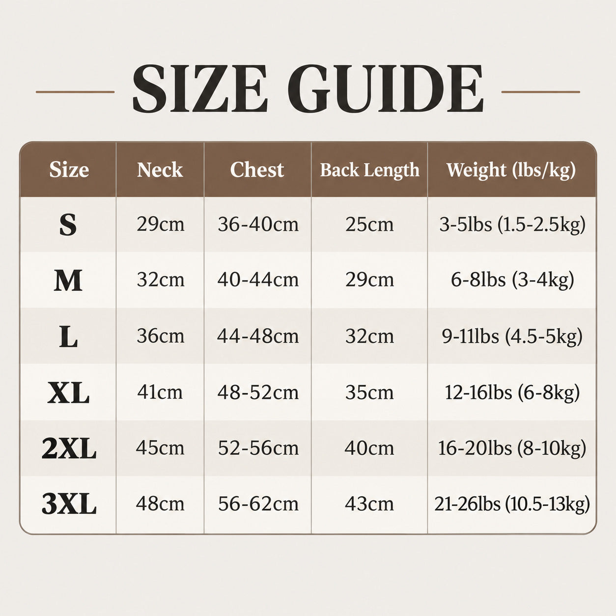 Size chart for the quilted harness dog coat, showing neck, chest, back length and reference weight for sizes S to 3XL.