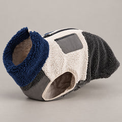 Slate Grey colorblock sherpa dog jacket shown on its own.