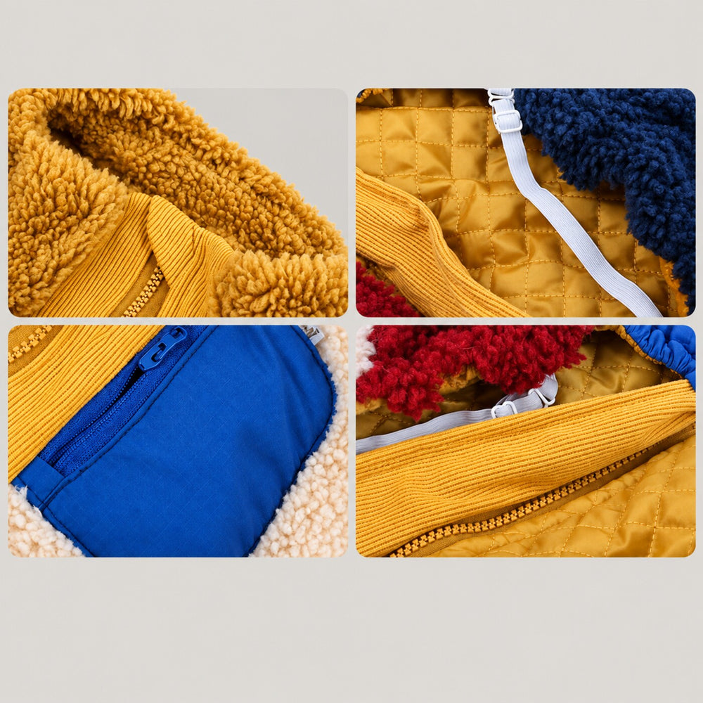 Detail collage showing the sherpa collar, back pocket and zipper of the colorblock jacket.