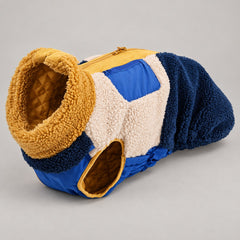 Yellow & Blue colorblock sherpa dog jacket shown on its own.