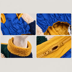 Close-ups of the colorblock sherpa jacket showing the collar, zipper and quilted lining.