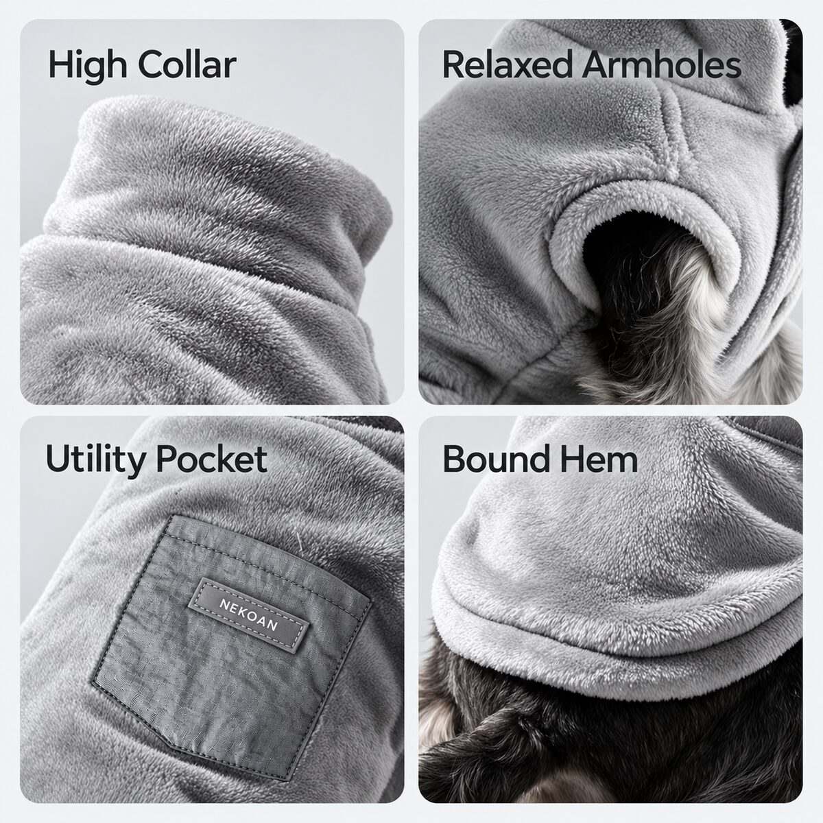 Detail collage showing the collar, arm opening, pocket and bound hem of the Gray coat.