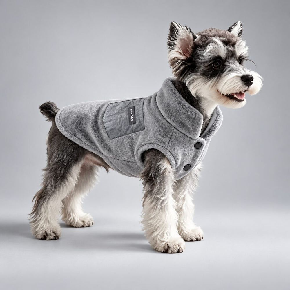 Dog wearing the Gray reversible flannel coat, standing in side view.