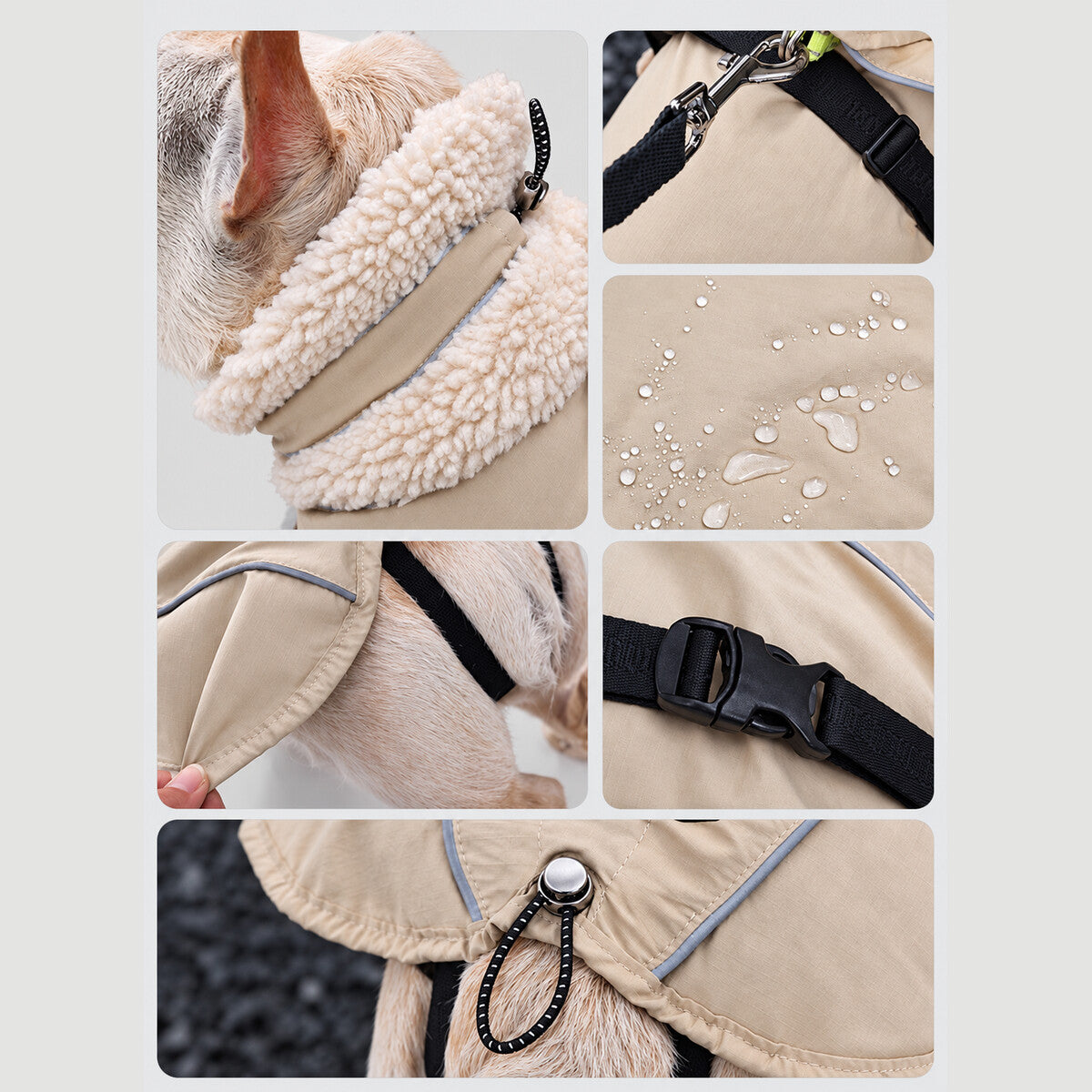 Close-ups of the sherpa-collar coat showing the collar, shell, waist strap and reflective piping.