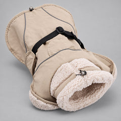 Cream Beige sherpa-collar dog coat showing the sherpa collar and adjustable waist strap.