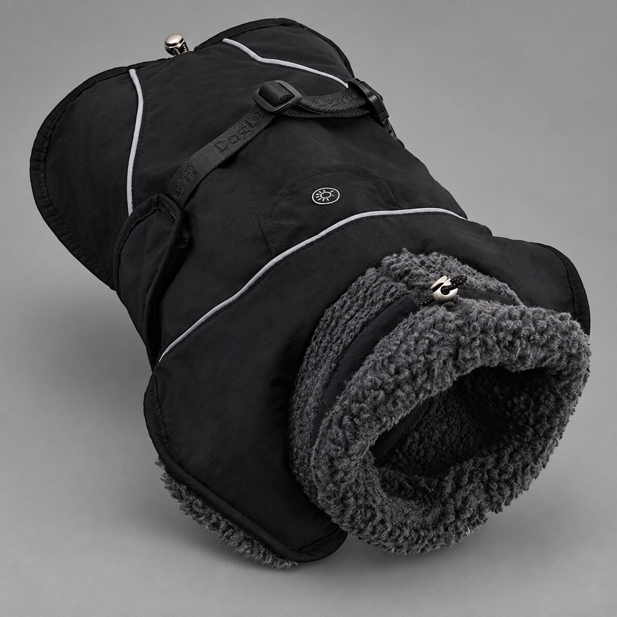 Deep Navy sherpa-collar dog coat showing the sherpa collar and adjustable waist strap.