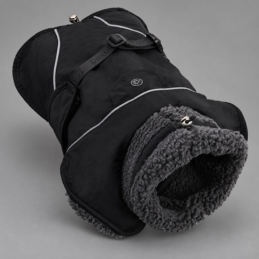 Deep Navy sherpa-collar dog coat showing the sherpa collar and adjustable waist strap.