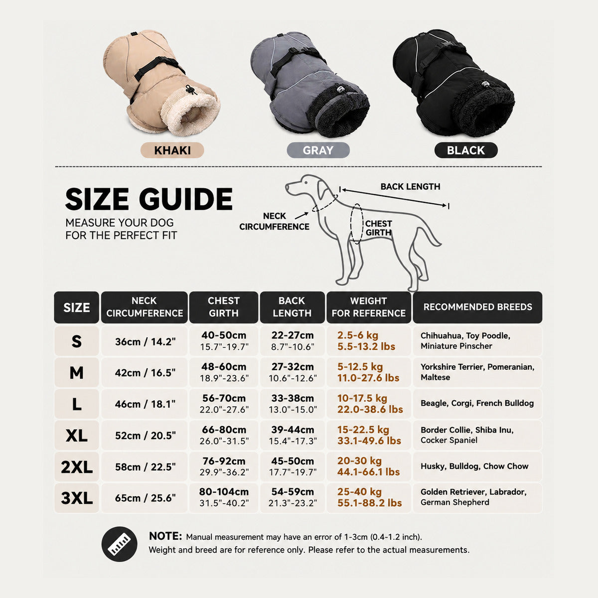 Size chart for the sherpa-collar dog shell coat, showing measurements and reference weights.