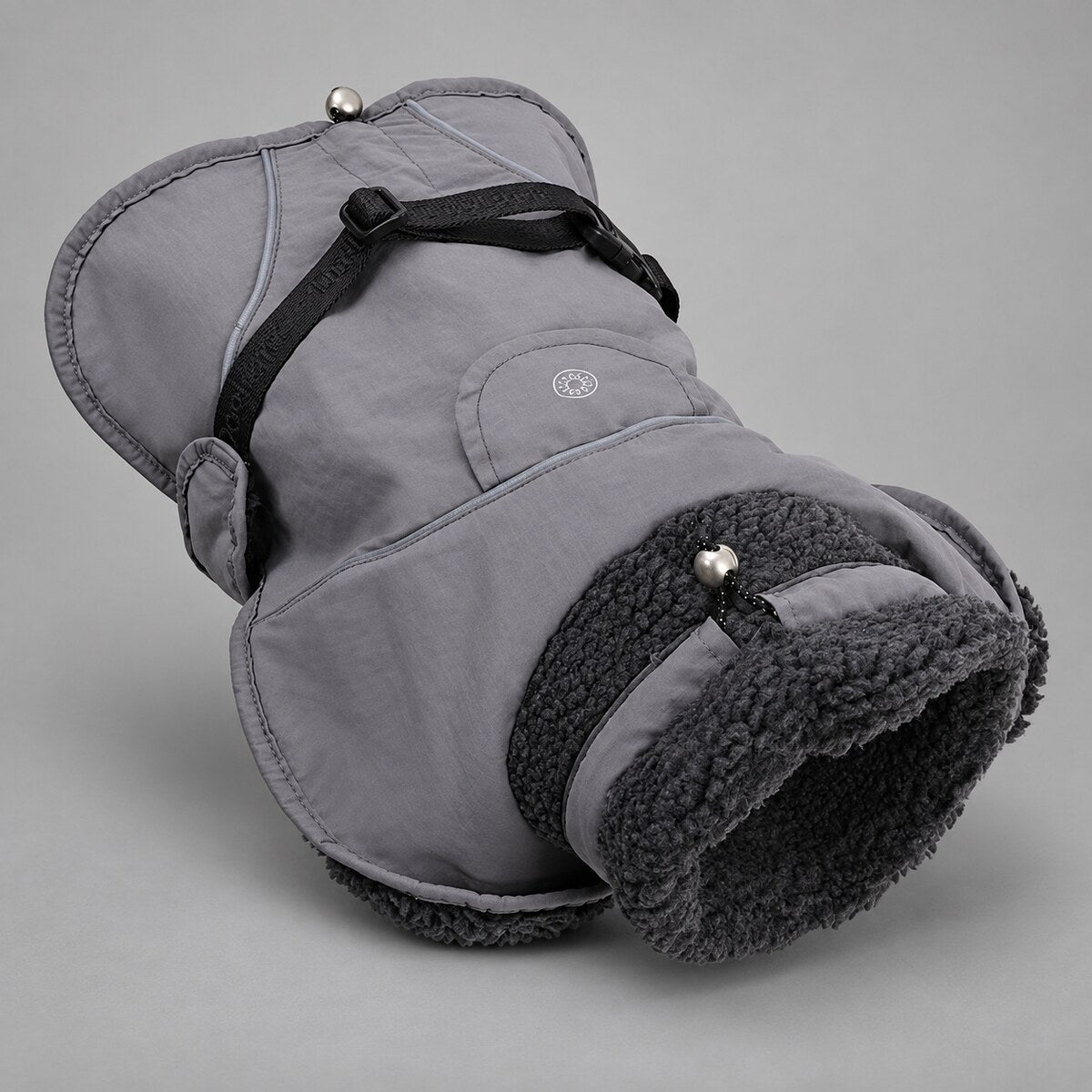 Slate Grey sherpa-collar dog coat showing the sherpa collar and adjustable waist strap.