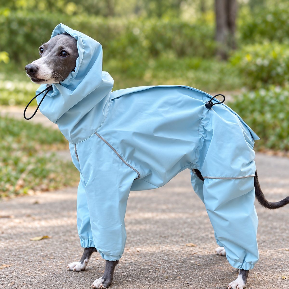 Italian Greyhound outdoors in the light blue hooded rain suit, showing the body and four-leg coverage.