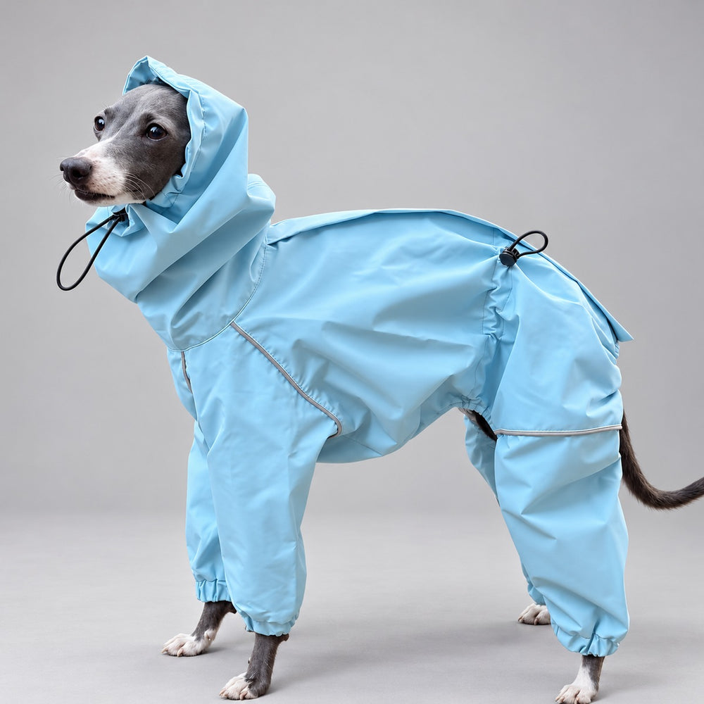 Side view of the light blue four-leg sighthound rain suit, with its hood raised and drawcords visible.
