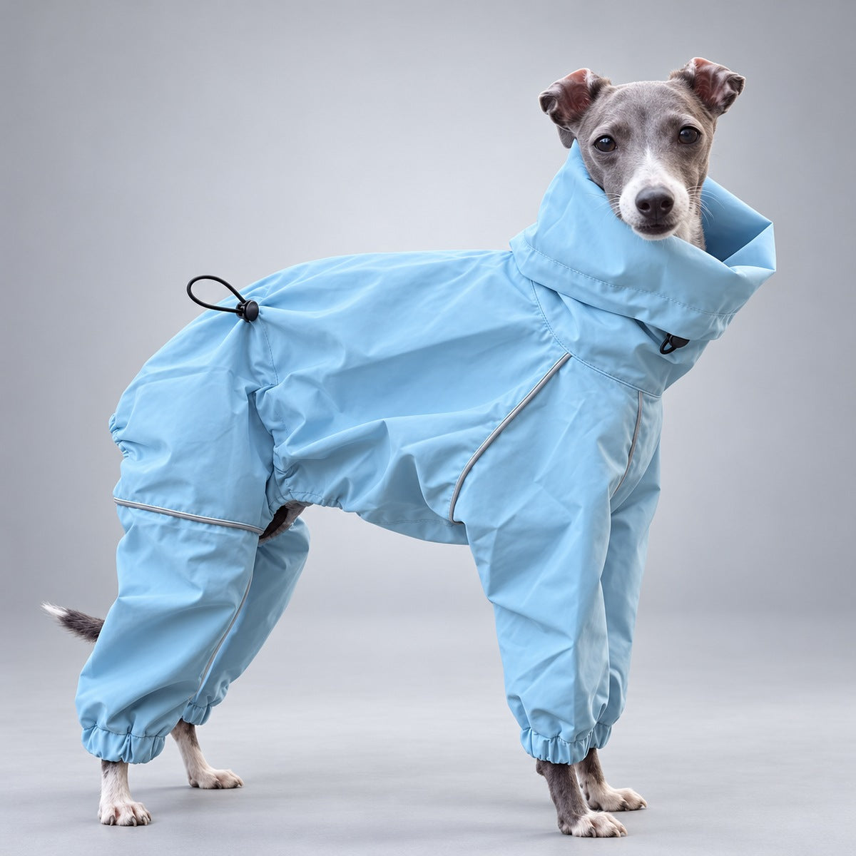 Three-quarter view of the light blue rain suit with the hood lowered, showing its shaped body and gathered leg cuffs.