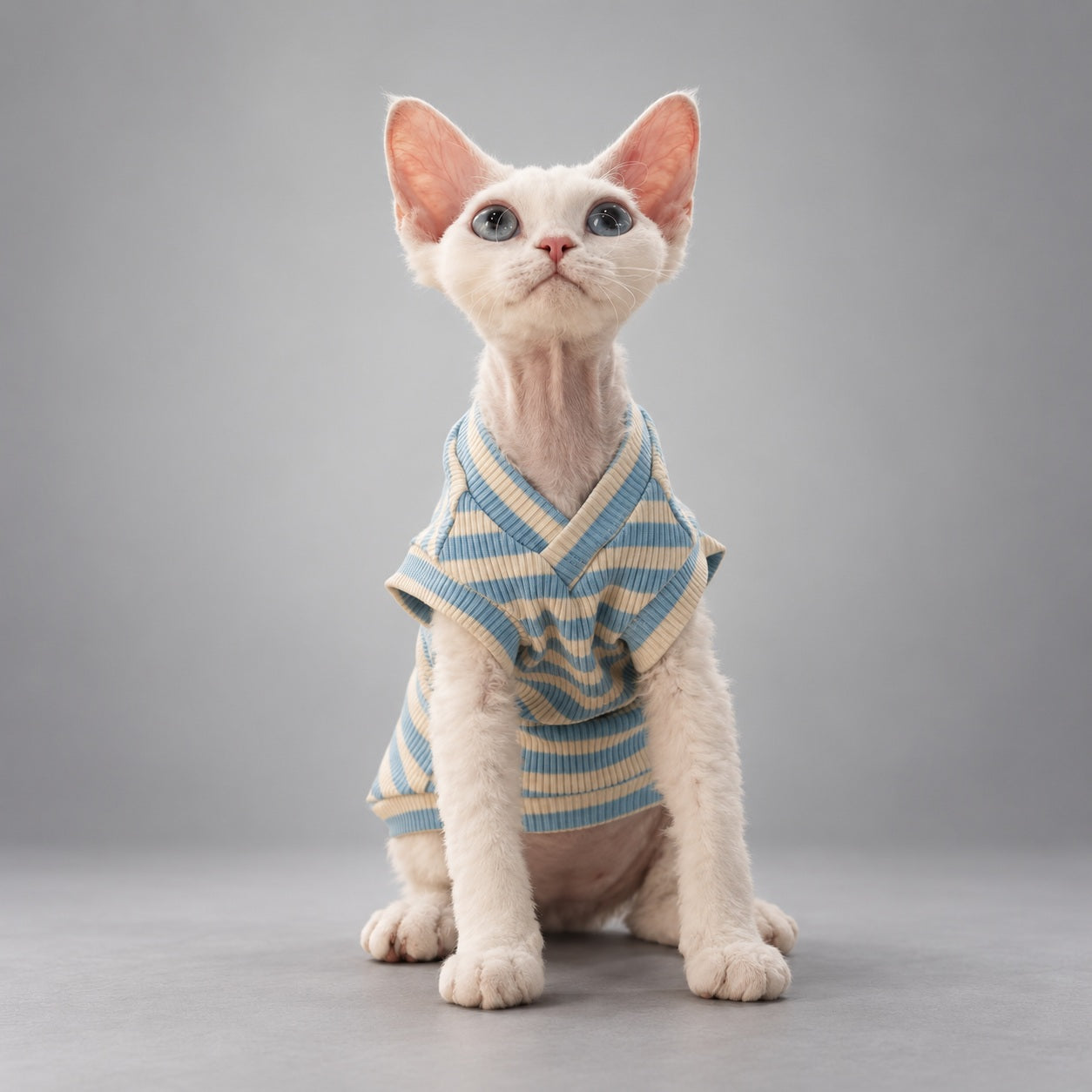 Cat wearing the Muted Blue & Cream Stripe Sky & Cream vest, seated facing the camera.