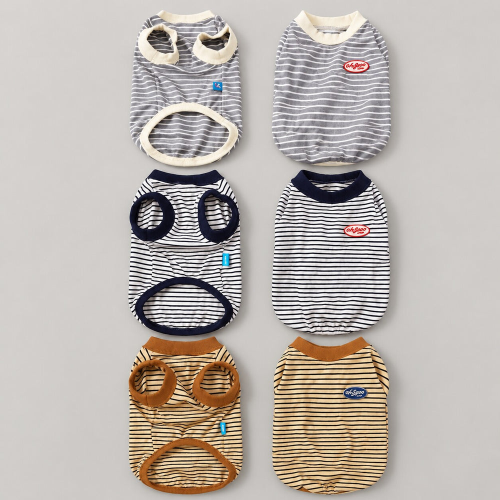 Striped dog shirts with Gray, Navy and Mustard trim shown flat from both sides.