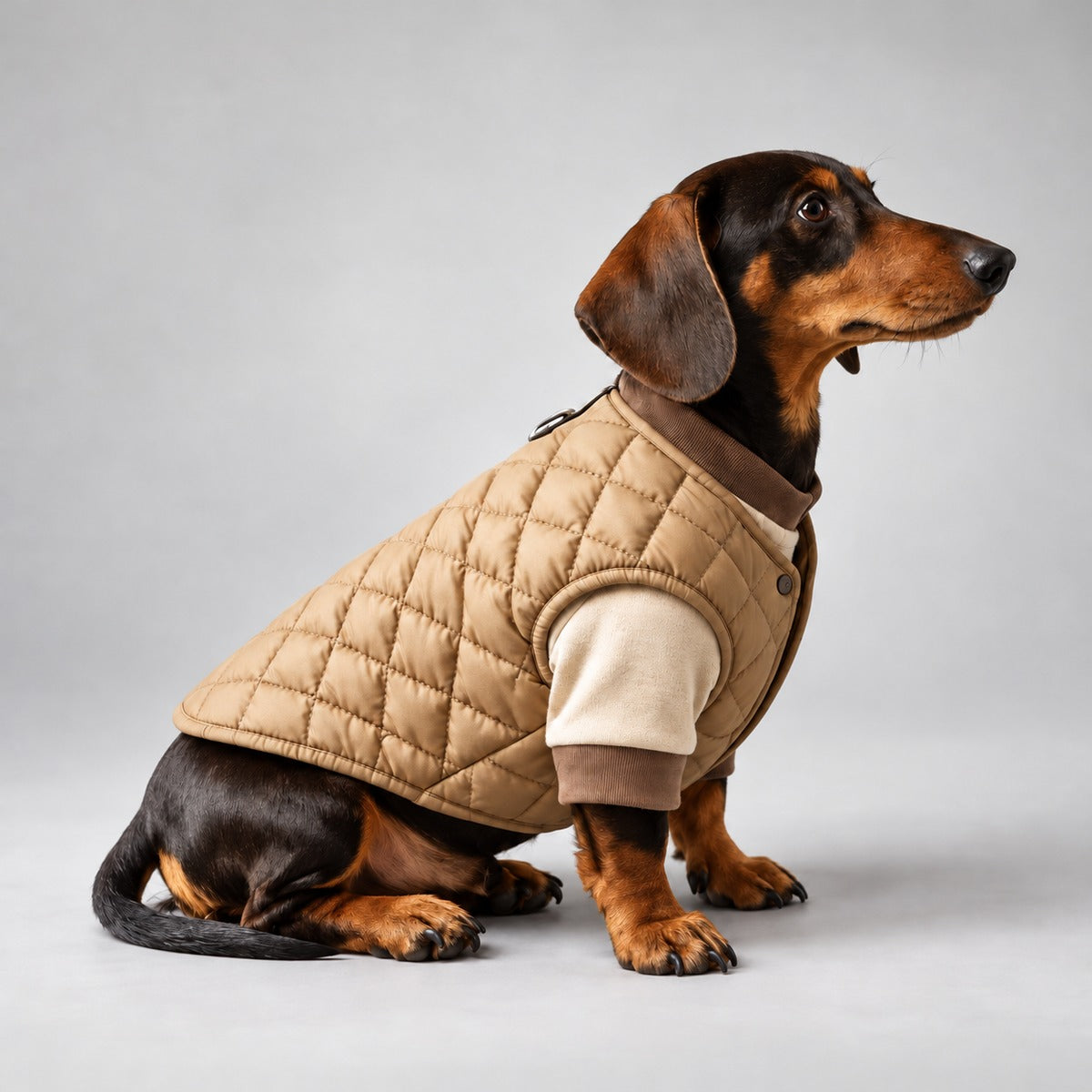 Black and tan Dachshund seated in the quilted vest and short-sleeved cream T-shirt set.