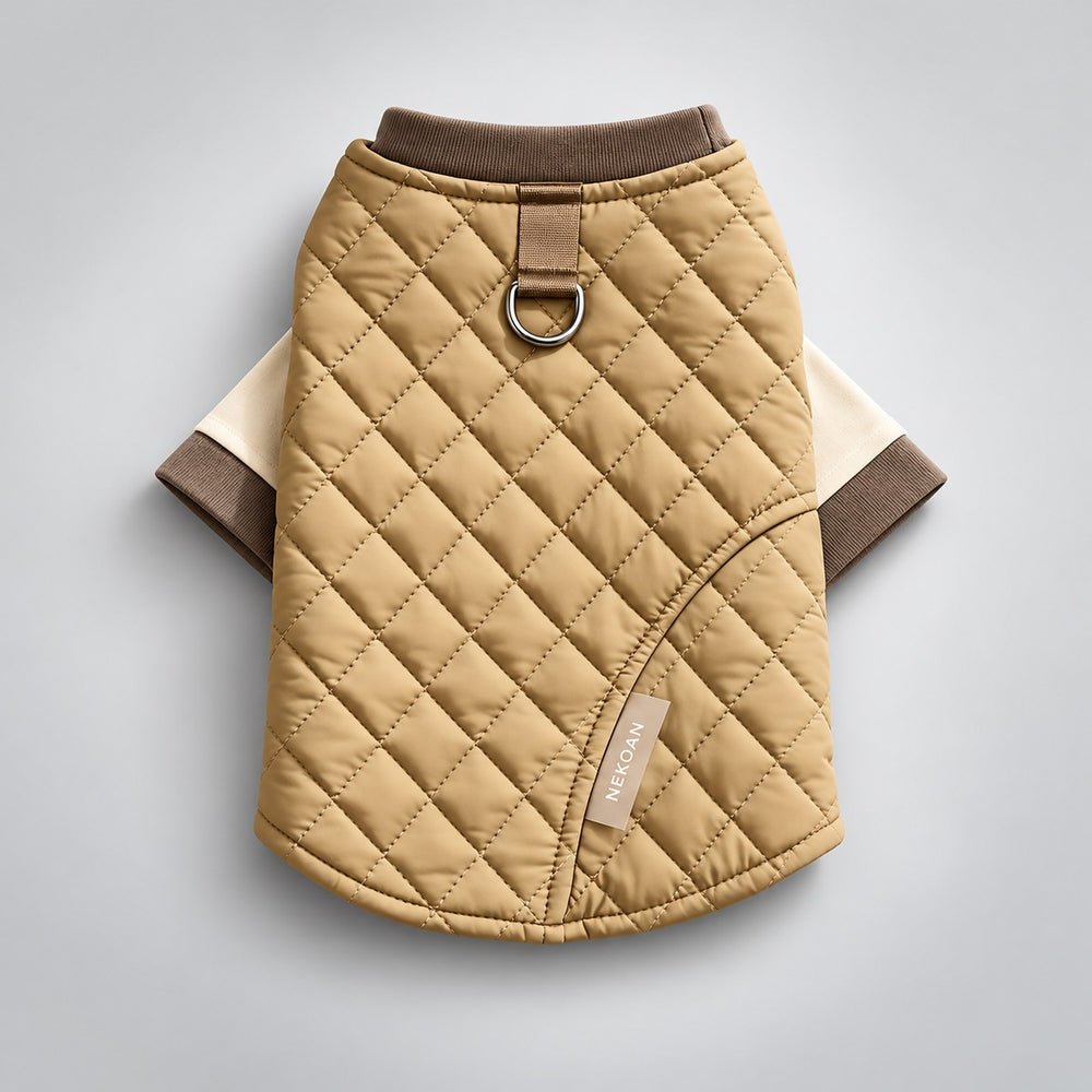 Back view of the two-piece dog outfit with diamond quilting and the cream T-shirt sleeves visible.