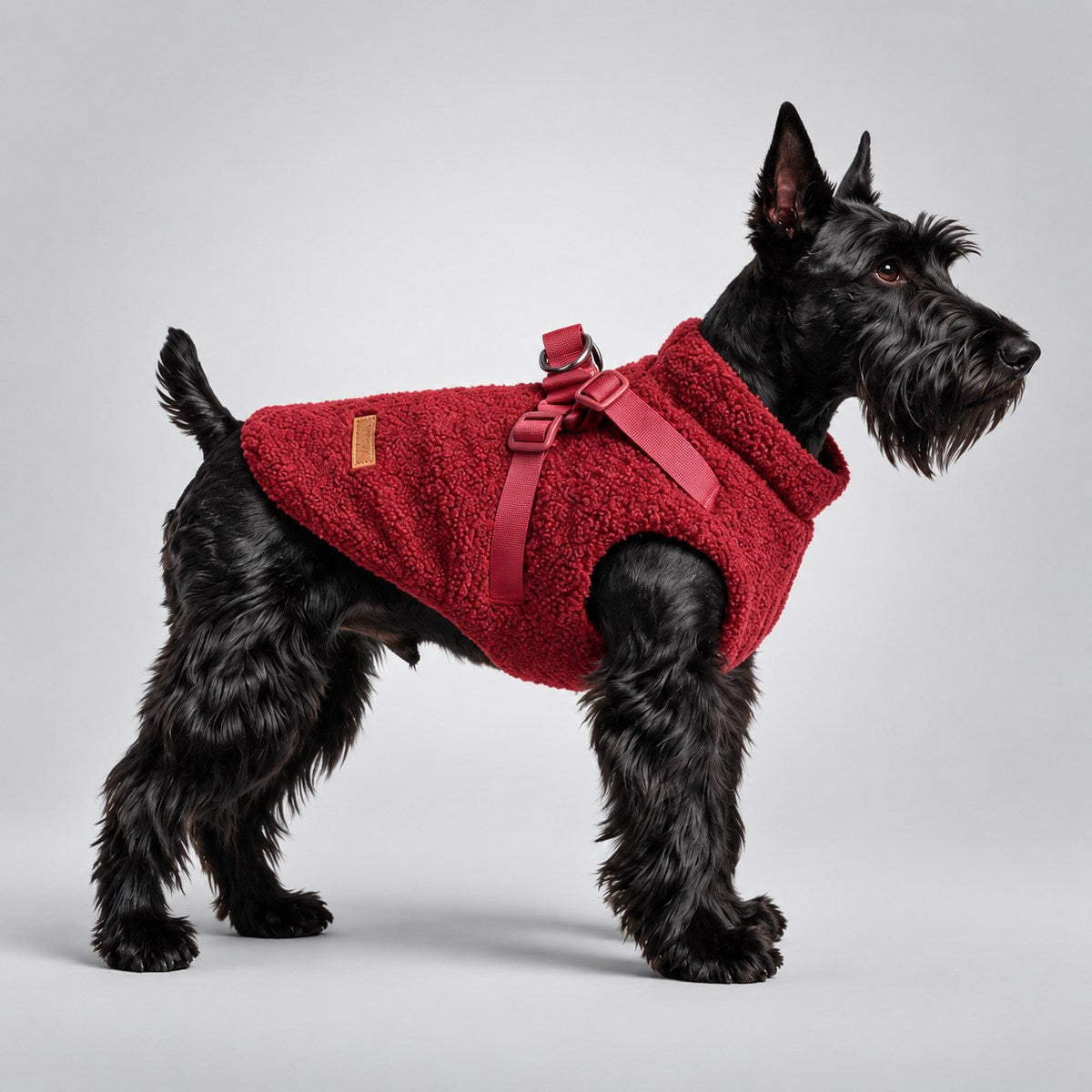 Dog wearing the Burgundy teddy fleece harness vest, standing in side view.