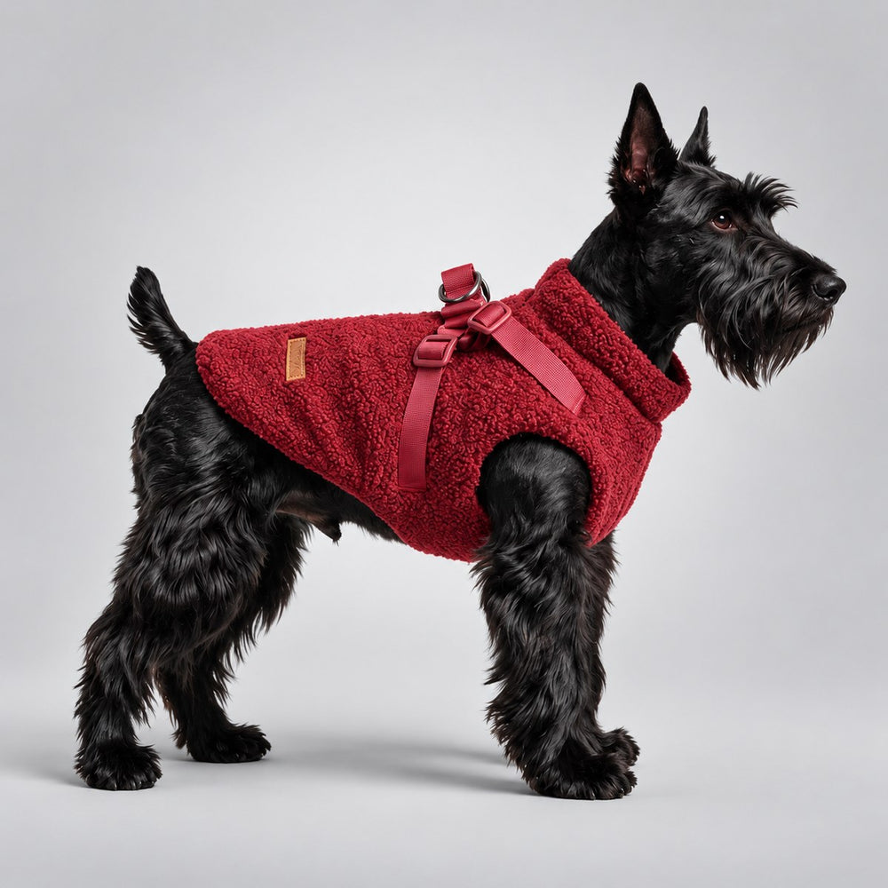 Dog wearing the Burgundy teddy fleece harness vest, standing in side view.