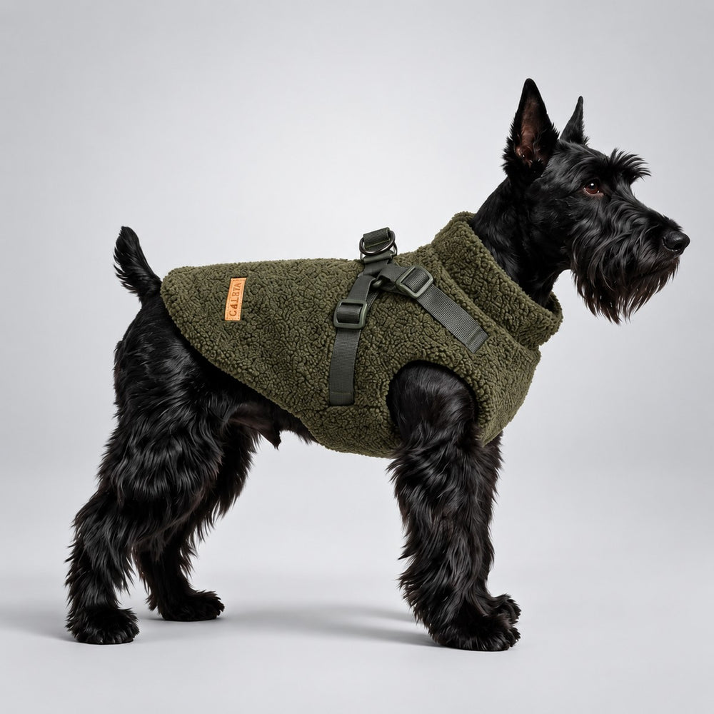 Black dog wearing the Deep Green teddy fleece vest with a leash attached to the harness.