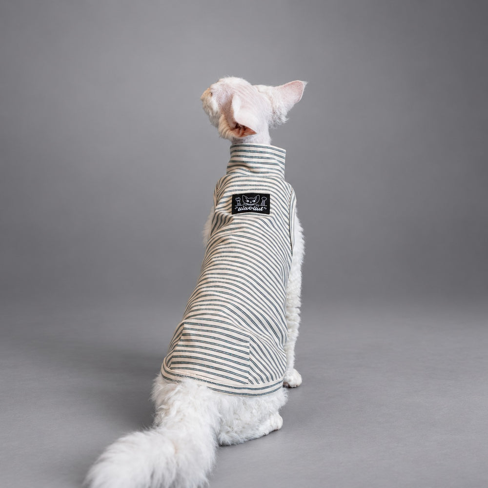 Cat wearing the Vanilla Cream Thermal Stripe vest, seated in rear view.