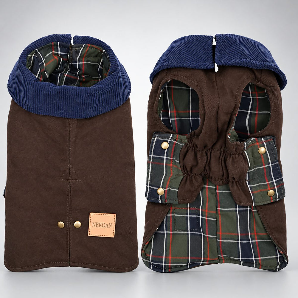 Brown barn-style dog coat shown from the outside and inside, including the plaid lining.