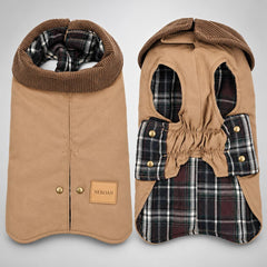Khaki barn-style dog coat shown from the outside and inside, including the plaid lining.