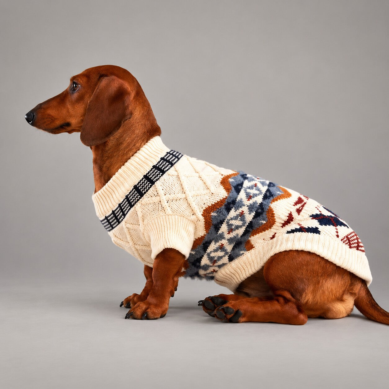 Dog wearing the Cream Ivory vintage Fair Isle sweater, seated in side view.