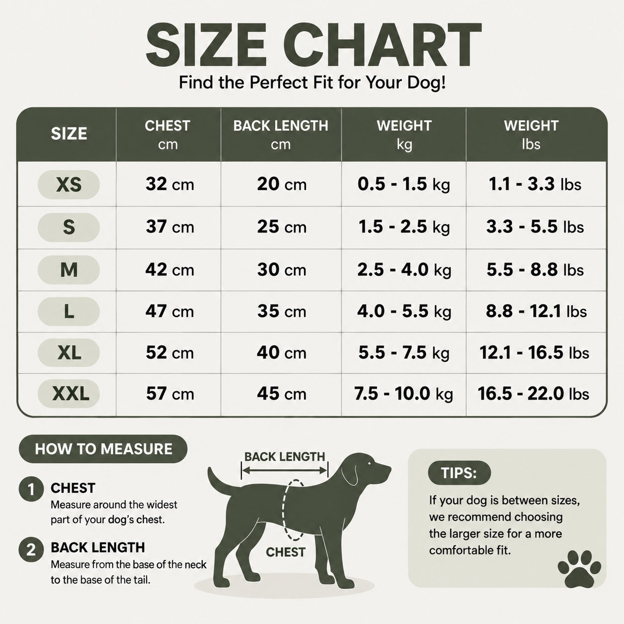 Size chart for the vintage Fair Isle dog sweater, showing measurements and reference weights.