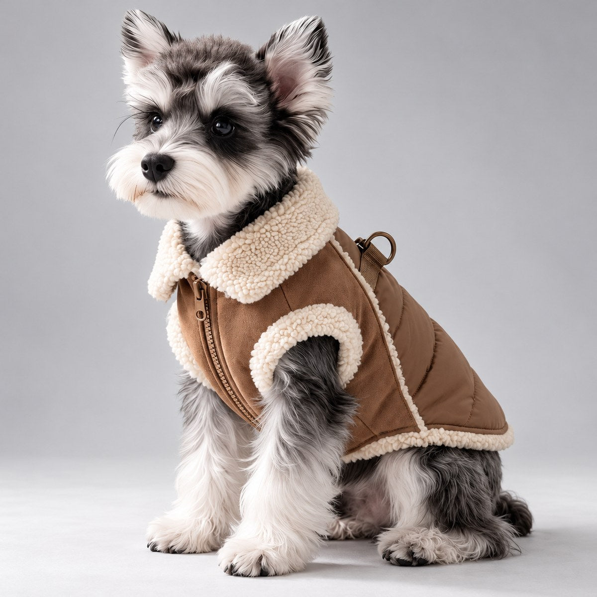 Dog wearing the Brown vintage faux suede puffer vest, seated in side view.