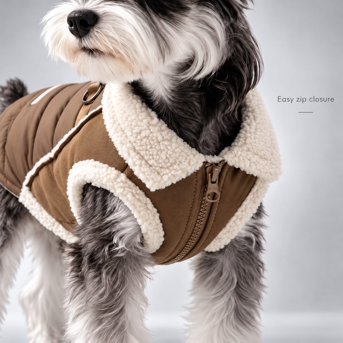 Dog wearing the Brown puffer vest, showing the front zipper and plush collar.