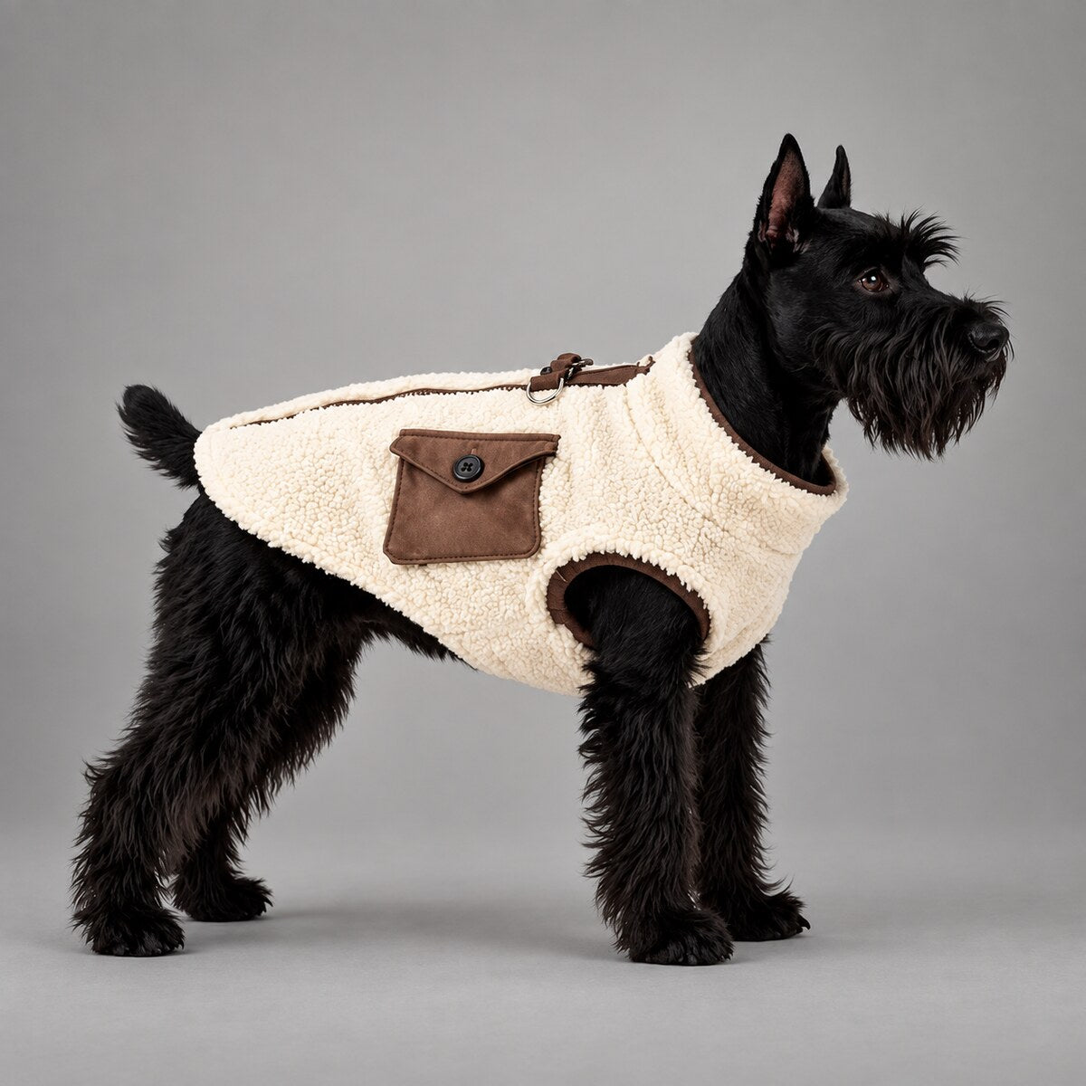 Dog wearing the Camel Brown vintage sherpa vest, standing in side view.