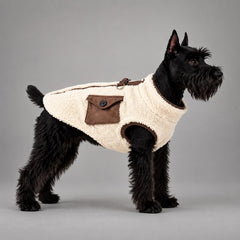 Dog wearing the Camel Brown vintage sherpa vest, standing in side view.