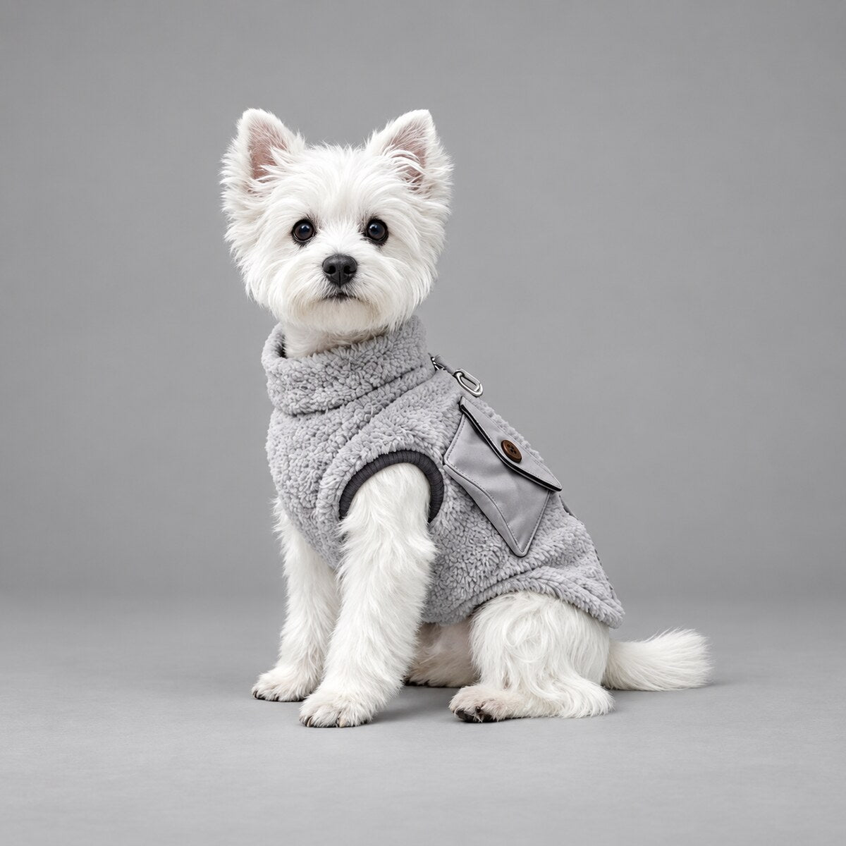 Dog wearing the Charcoal Gray vintage sherpa vest, seated in side view.