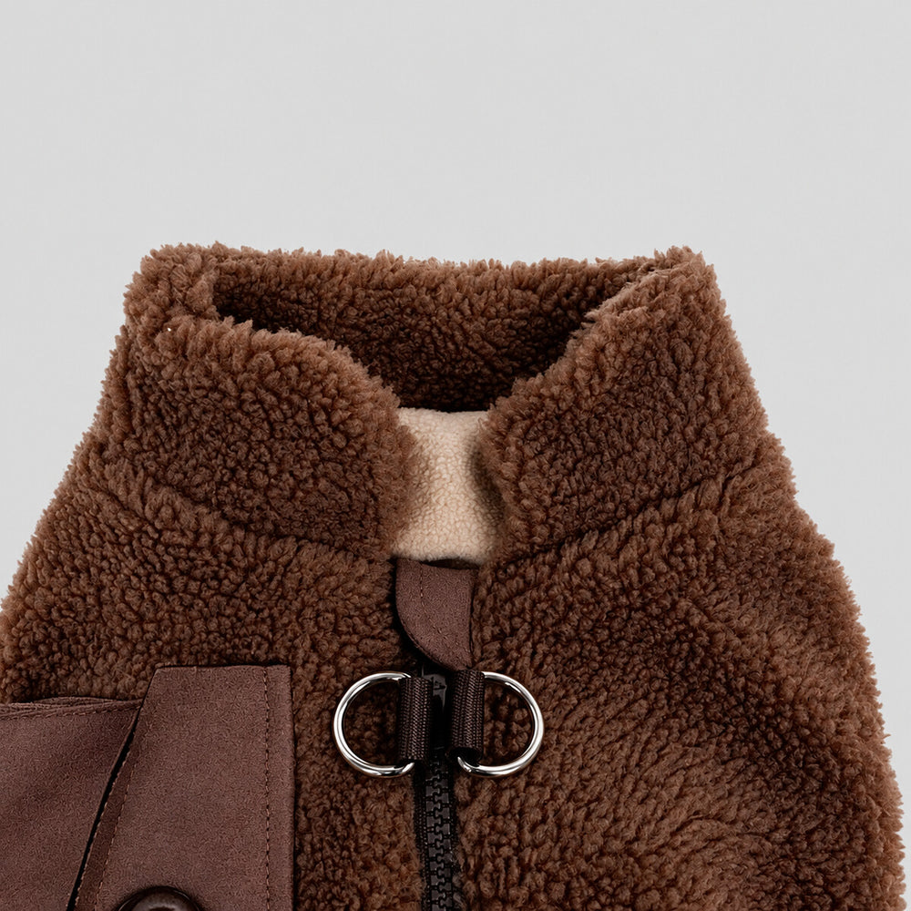 Close-up of the Mocha Brown sherpa vest showing the collar, zipper and double leash rings.