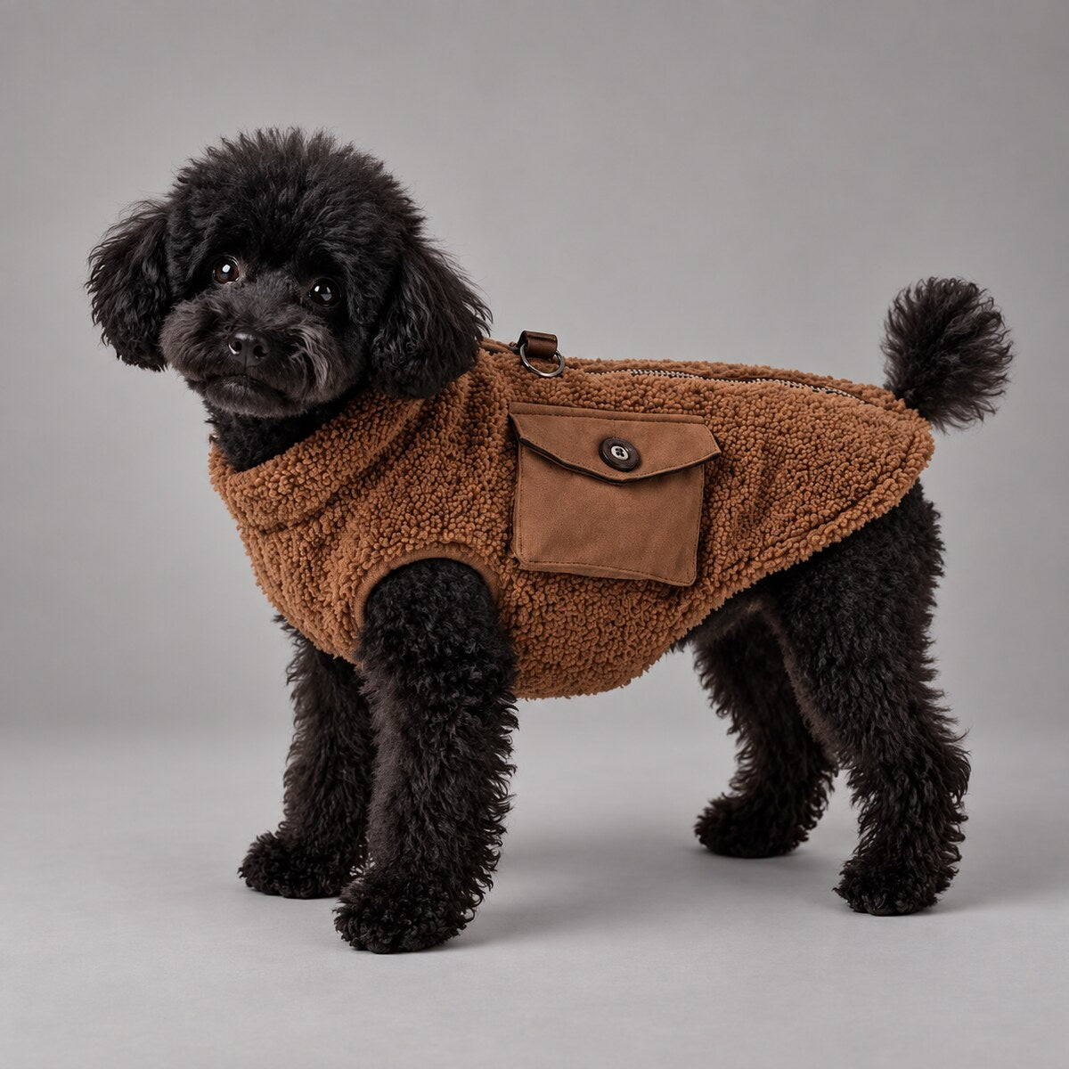 Dog wearing the Mocha Brown vintage sherpa vest, standing in side view.