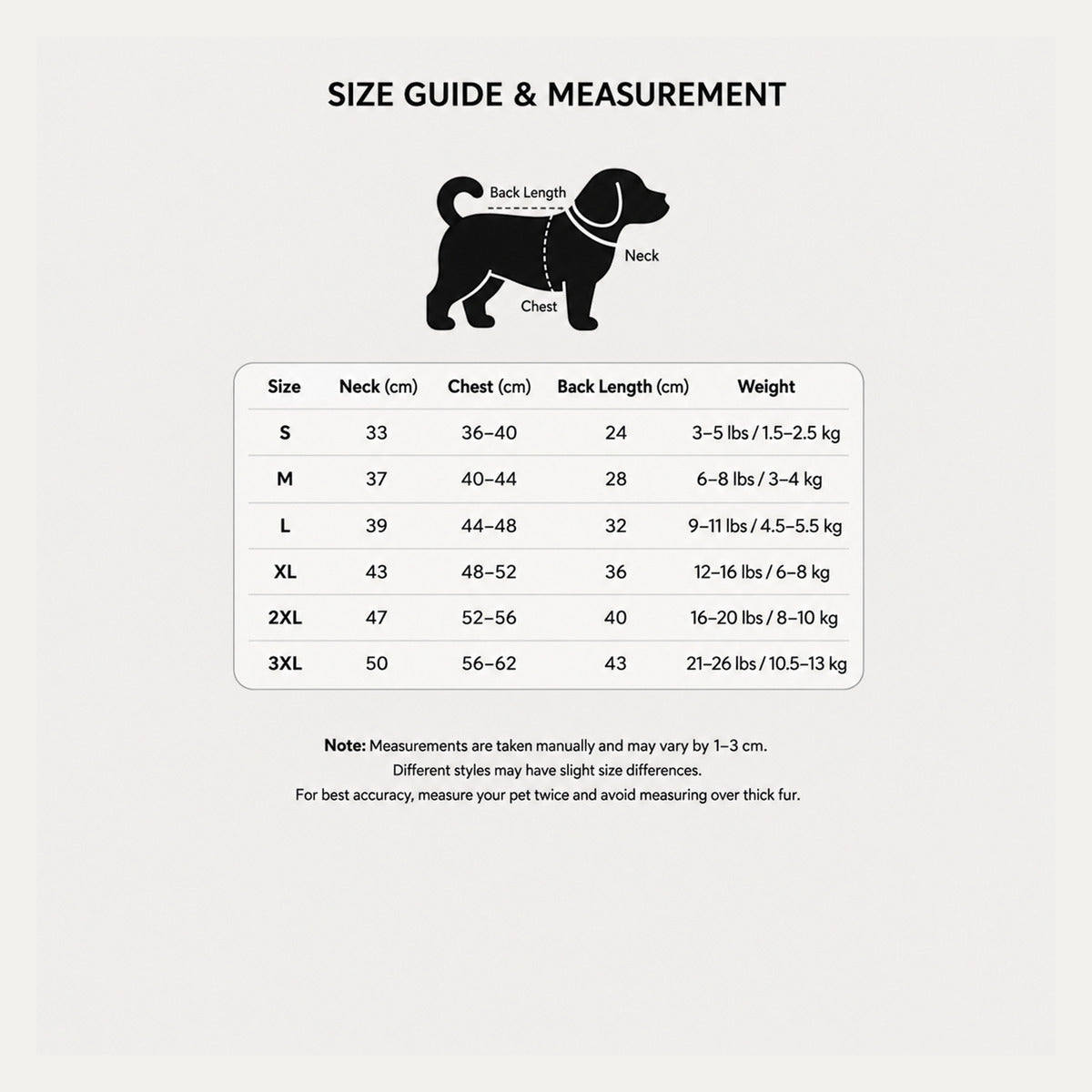 Size chart for the vintage sherpa dog vest, showing measurements and reference weights.