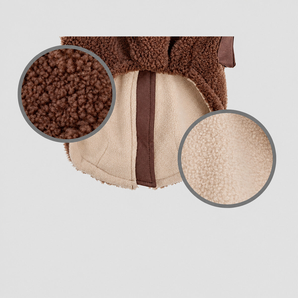 Close-ups of the vintage dog vest showing the sherpa surface and contrast pocket panels.