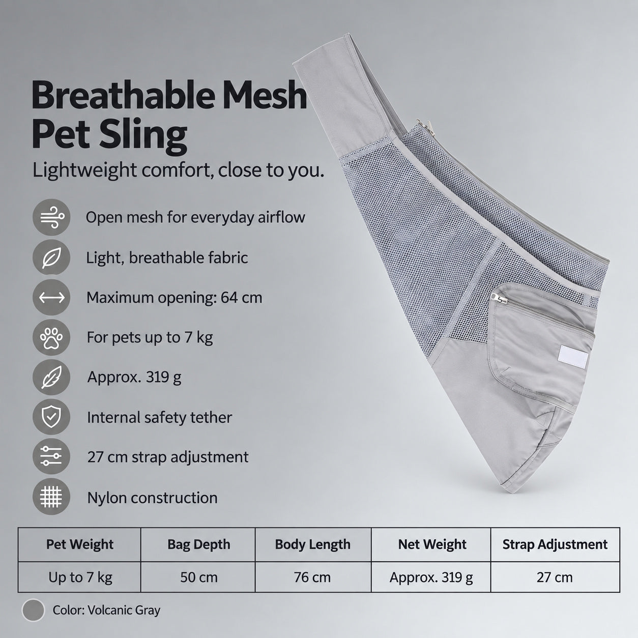NEKOAN Breathable Mesh Pet Sling for Cats & Small Dogs — Volcanic Gray
