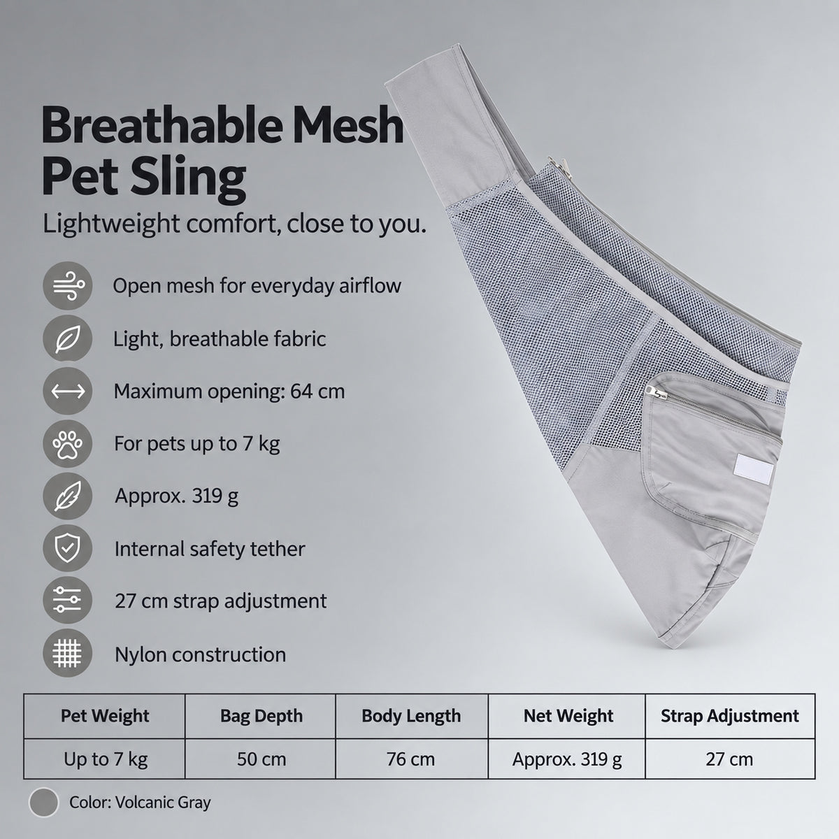 NEKOAN Breathable Mesh Pet Sling for Cats & Small Dogs — Volcanic Gray