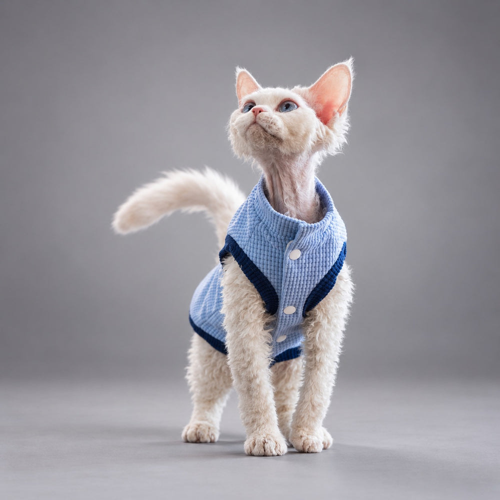 Cat seated in the Nordic Blue waffle fleece vest with one paw raised.