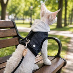 Sphynx-Katzengeschirr und Leinen-Set, hautfreundliches Denim-Westengeschirr für haarlose Katzen, leicht anzuziehendes Hoodie-Katzengeschirr mit integrierter Leine