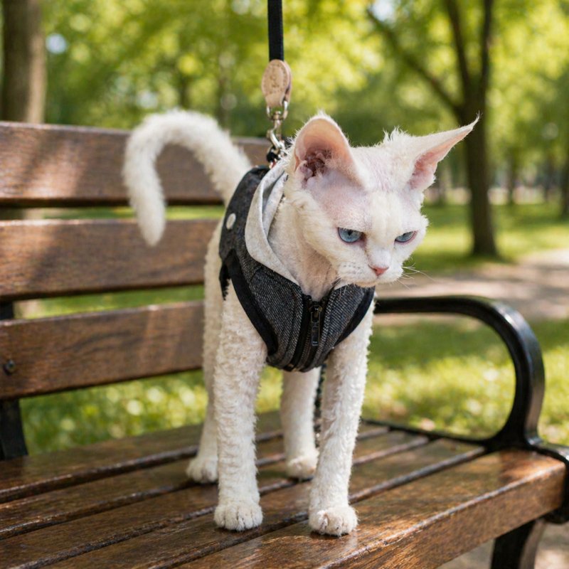 Sphynx-Katzengeschirr und Leinen-Set, hautfreundliches Denim-Westengeschirr für haarlose Katzen, leicht anzuziehendes Hoodie-Katzengeschirr mit integrierter Leine