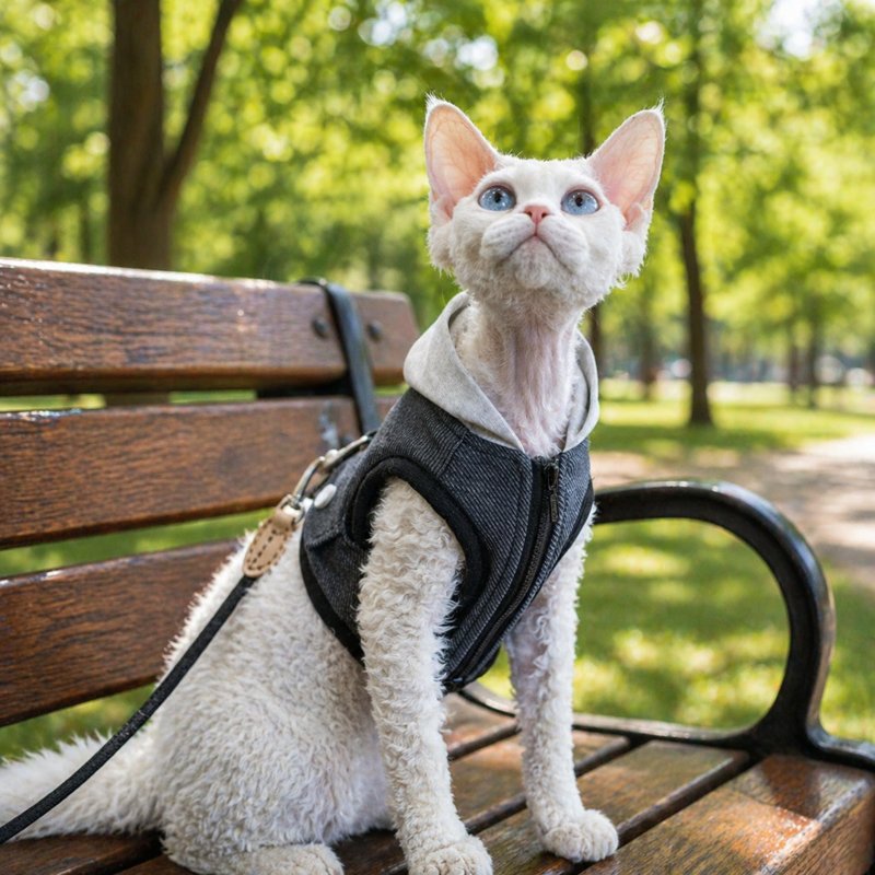 Sphynx-Katzengeschirr und Leinen-Set, hautfreundliches Denim-Westengeschirr für haarlose Katzen, leicht anzuziehendes Hoodie-Katzengeschirr mit integrierter Leine