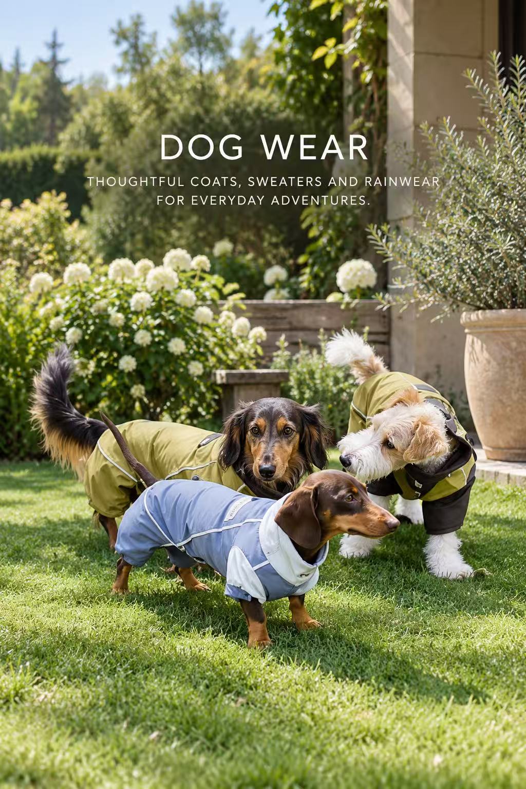 Drei Hunde in Regenbekleidung im Garten. Die Fotografie enthält den englischen Titel Dog Wear.