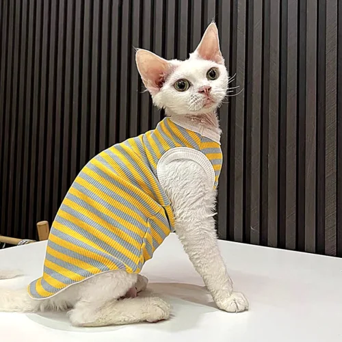Yellow Stripe Sphynx Cat Shirt – Soft Cotton Clothes for Hairless Cats