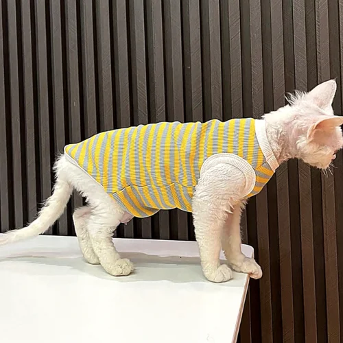 Yellow Stripe Sphynx Cat Shirt – Soft Cotton Clothes for Hairless Cats