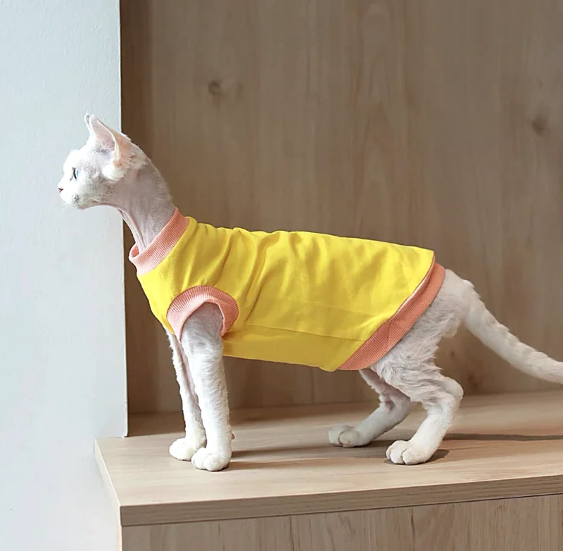 Yellow Sphynx Cat T-Shirt – Soft Cotton Clothes for Hairless Cats