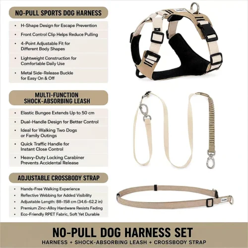 beige-no-pull-dog-harness-set No Pull Dog Harness Set | Escape-Proof Adjustable Dog Harness