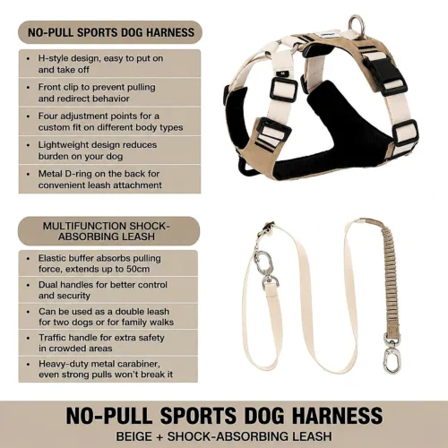 beige-no-pull-sports-dog-harness No Pull Dog Harness Set | Escape-Proof Adjustable Dog Harness